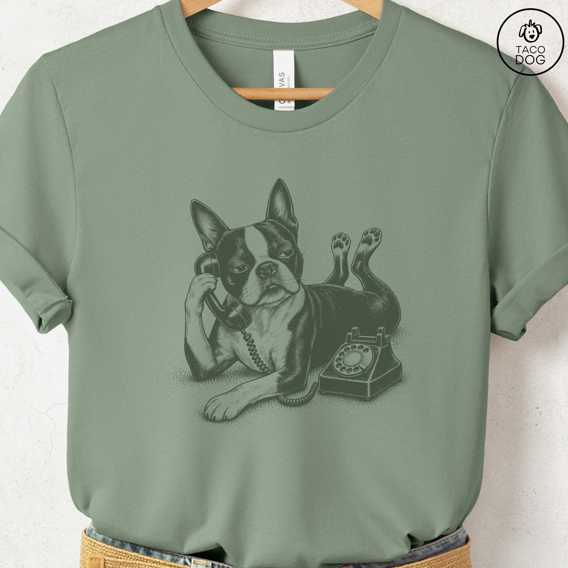 Boston Terrier Phone T-Shirt Sage Taco-Dog