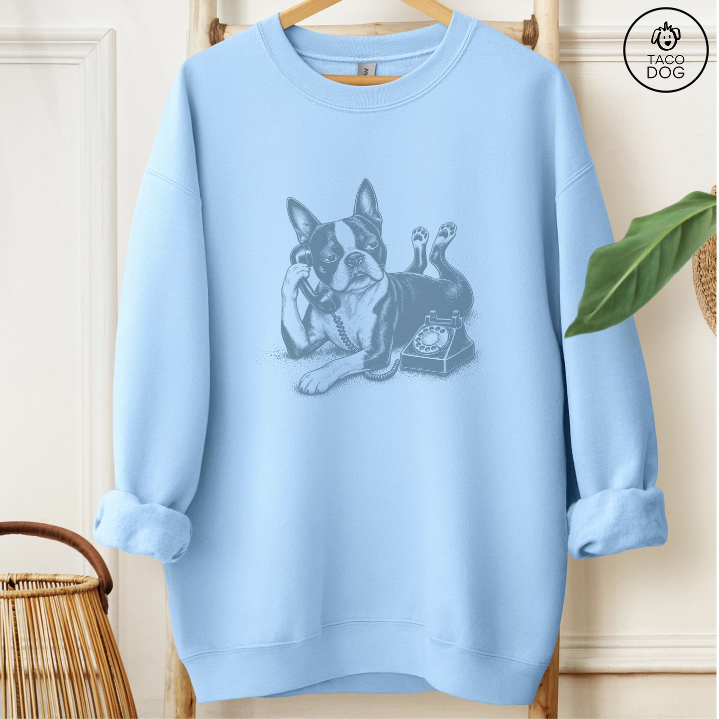 Boston Terrier Phone Sweatshirt Light Blue Taco-Dog