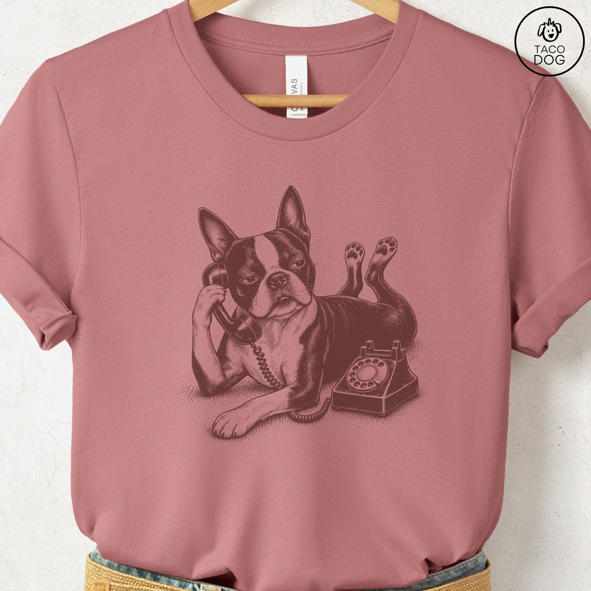 Boston Terrier Phone T-Shirt Heather Mauve Taco-Dog