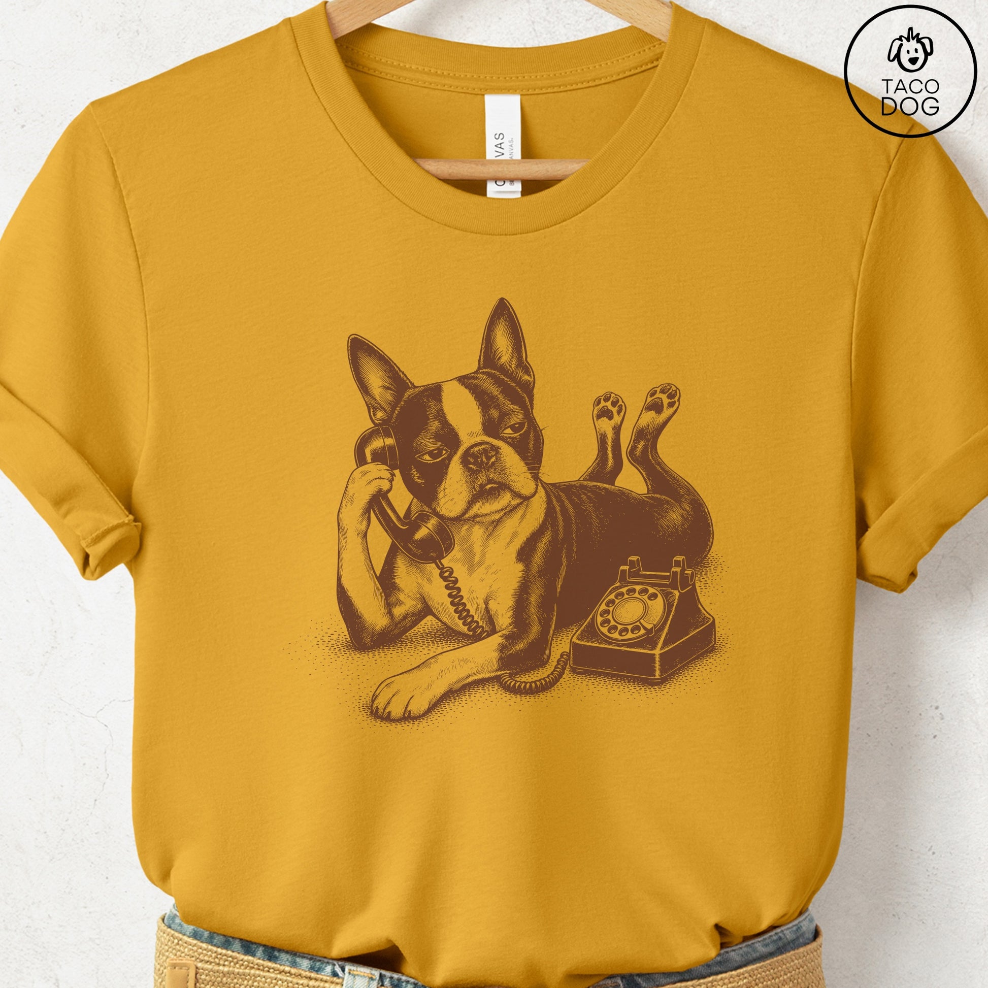 Boston Terrier Phone T-Shirt Mustard Taco-Dog