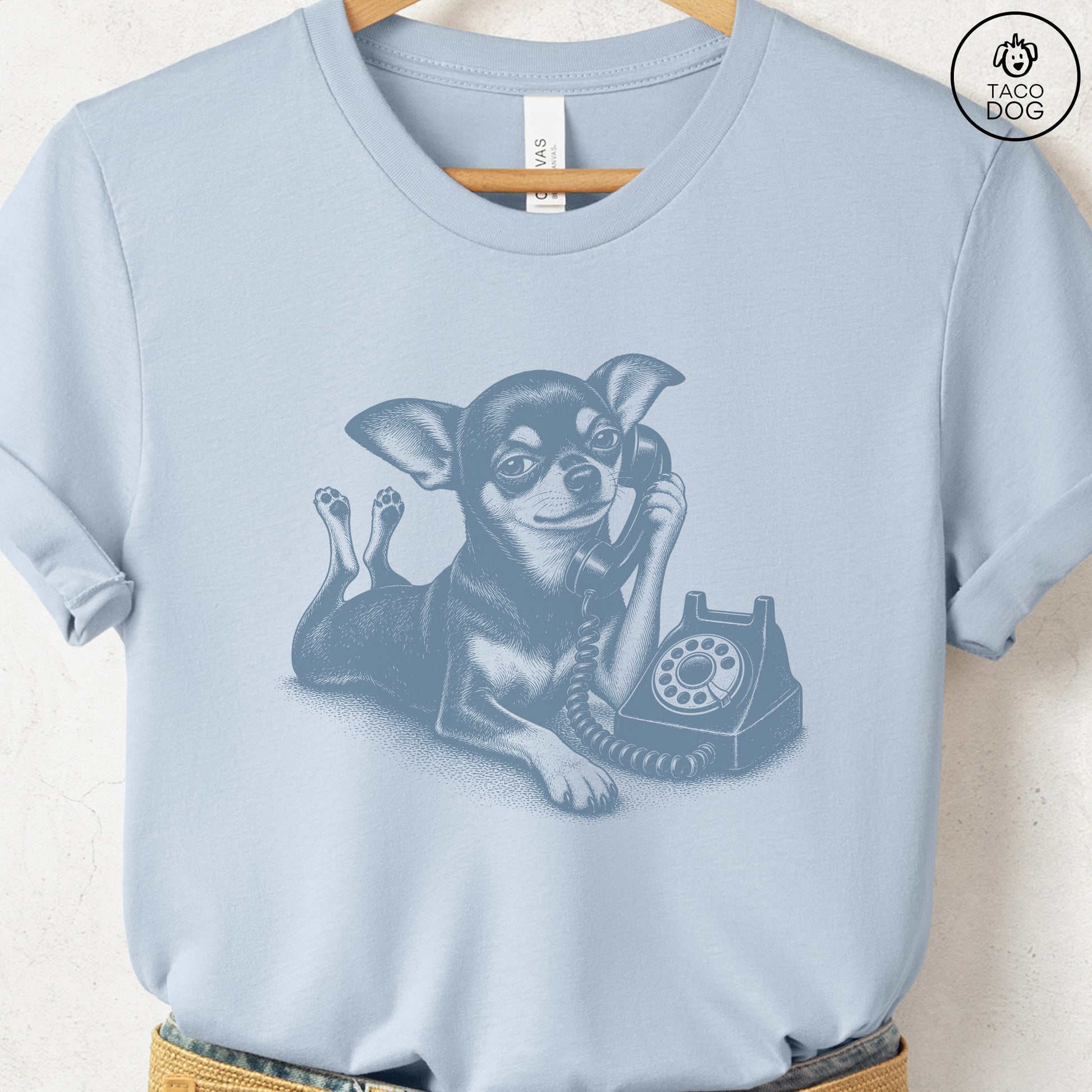 Chihuahua Phone T-Shirt Light Blue Taco-Dog