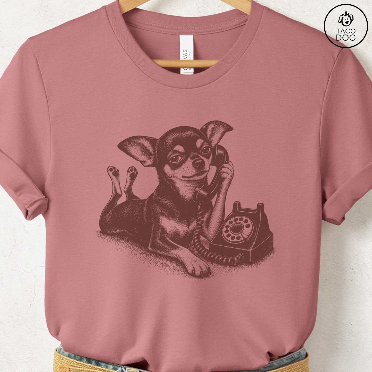 Chihuahua Phone T-Shirt Heather Mauve Taco-Dog