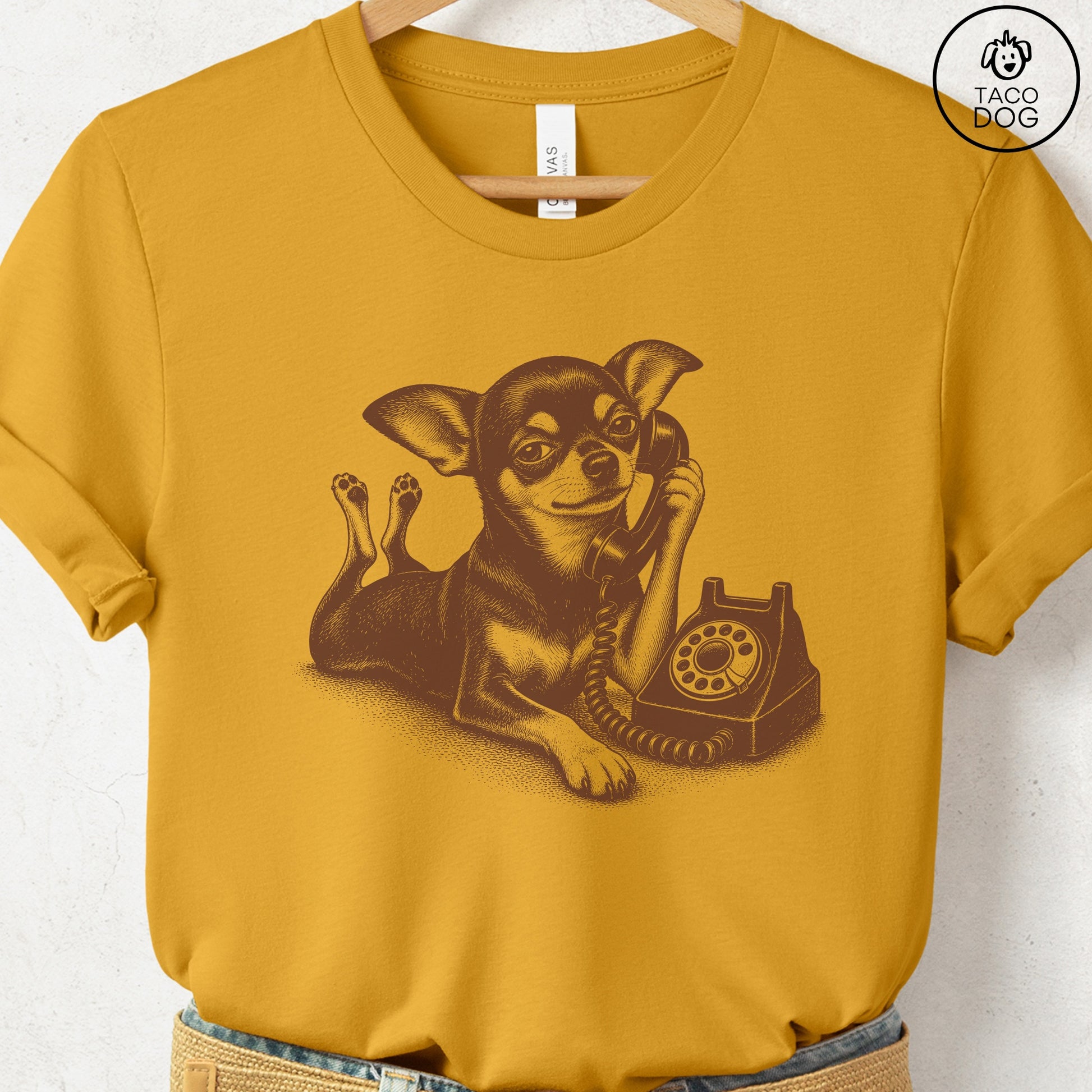Chihuahua Phone T-Shirt Mustard Taco-Dog