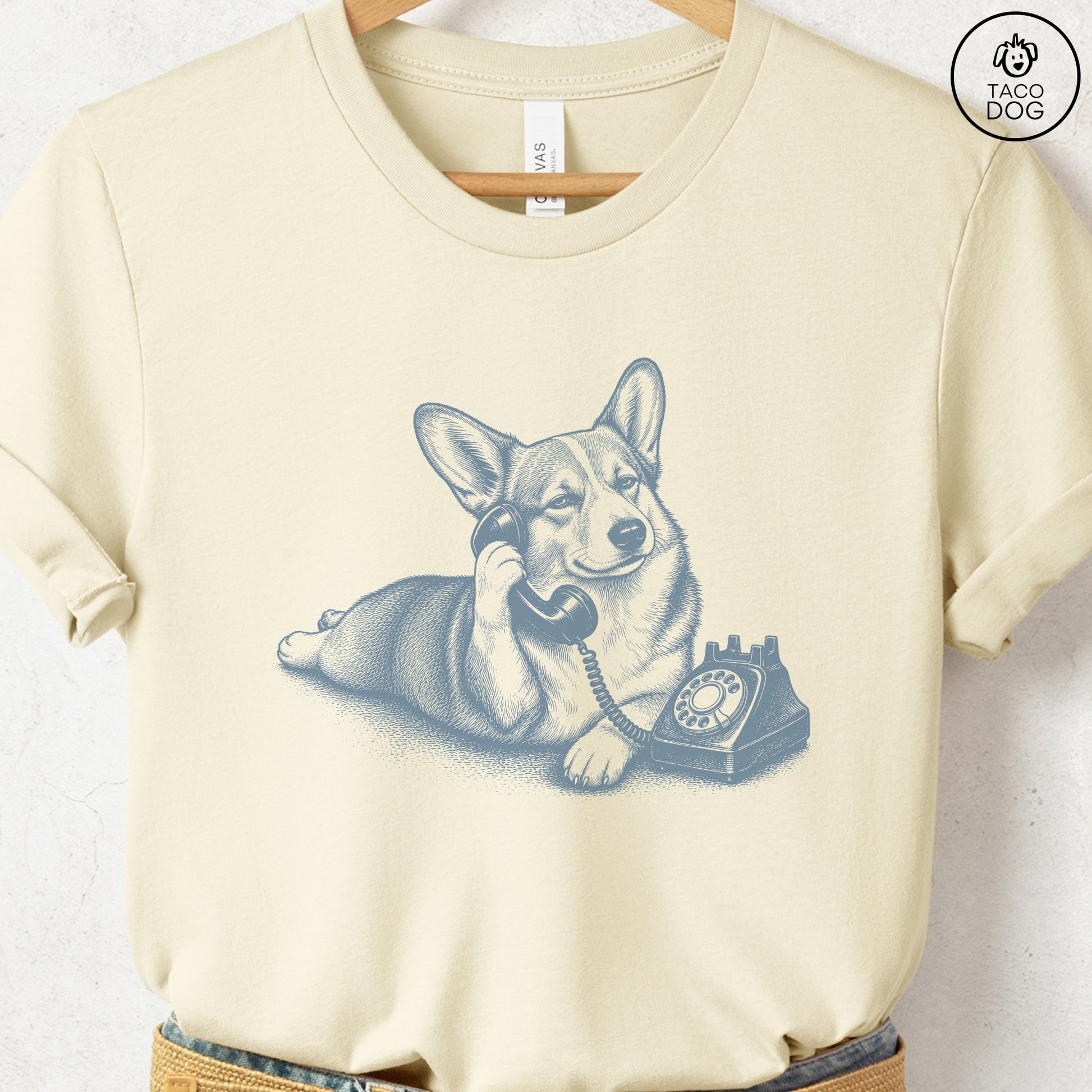 Corgi Phone T-Shirt Natural Taco-Dog