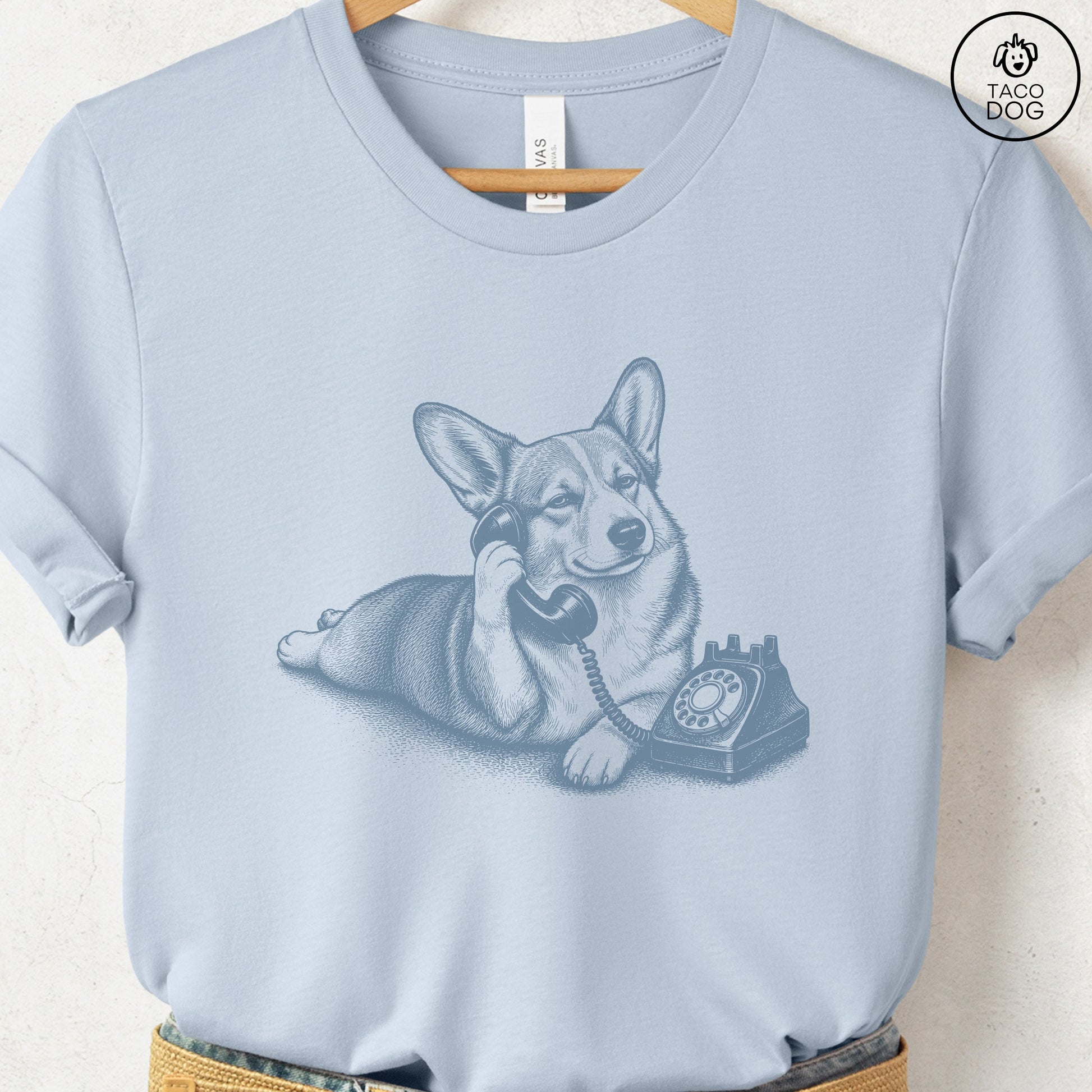 Corgi Phone T-Shirt Light Blue Taco-Dog