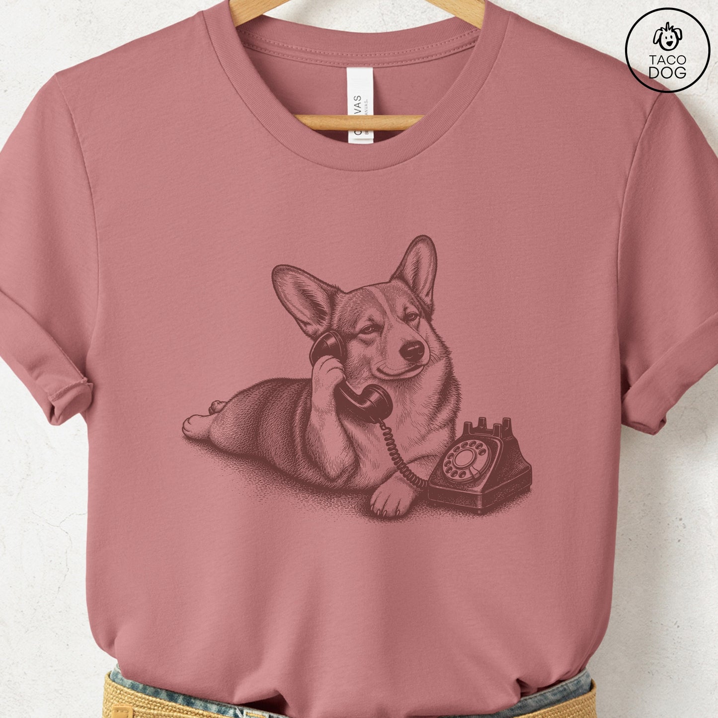 Corgi Phone T-Shirt Heather Mauve Taco-Dog