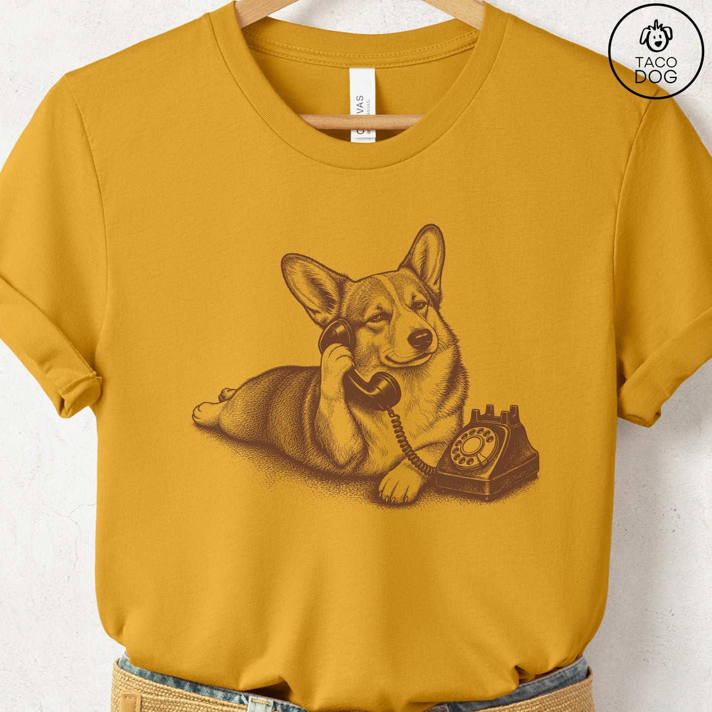 Corgi Phone T-Shirt Mustard Taco-Dog