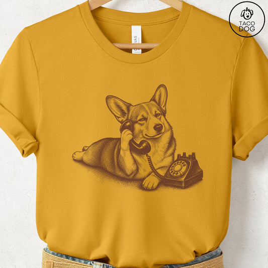Corgi Phone T-Shirt Mustard Taco-Dog