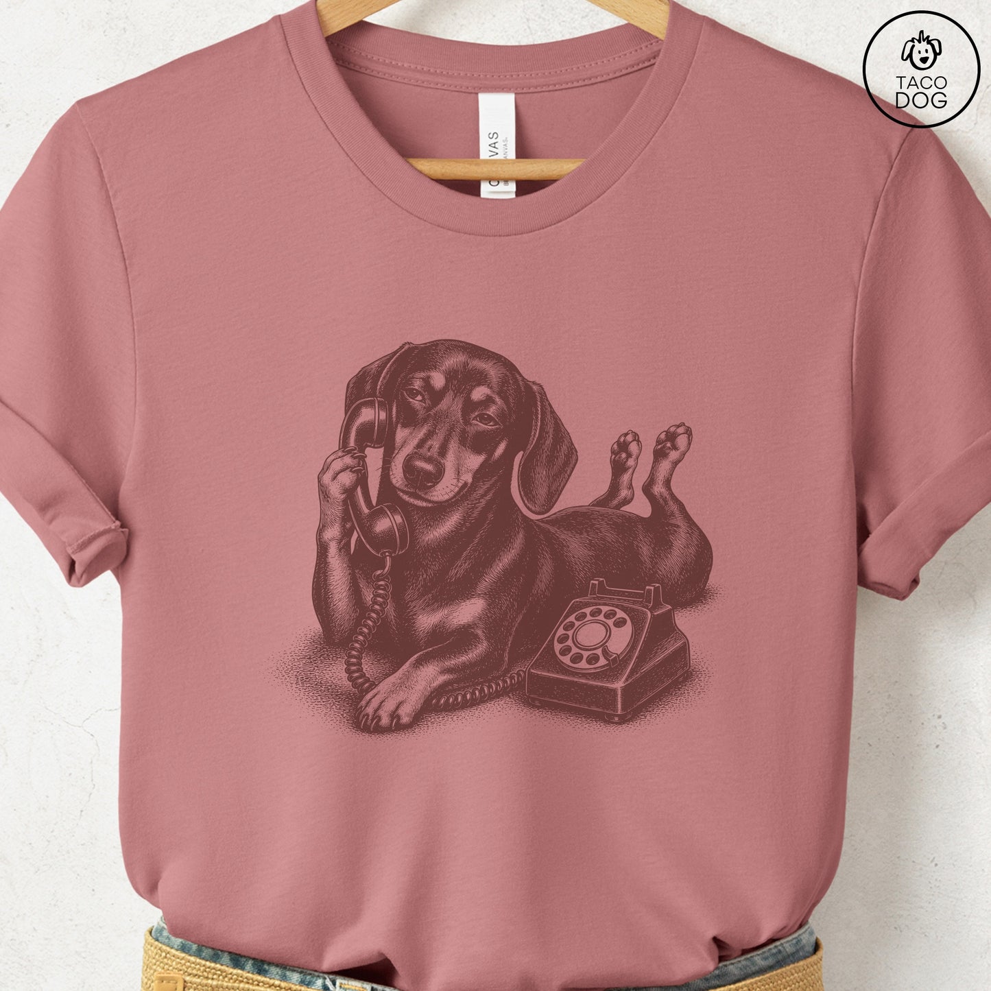 Dachshund Phone T-Shirt Heather Mauve Taco-Dog