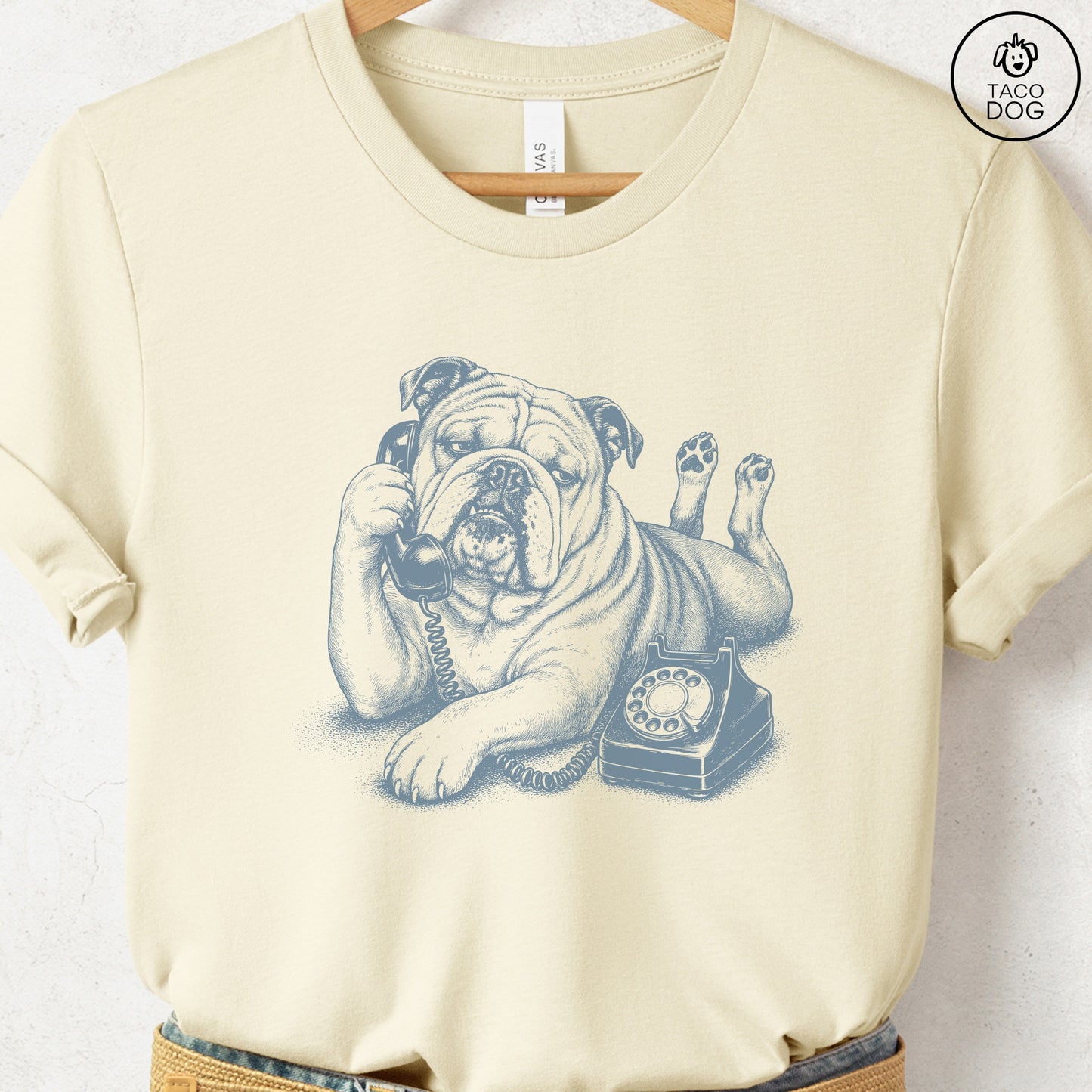 English Bulldog Phone T-Shirt Natural Taco-Dog