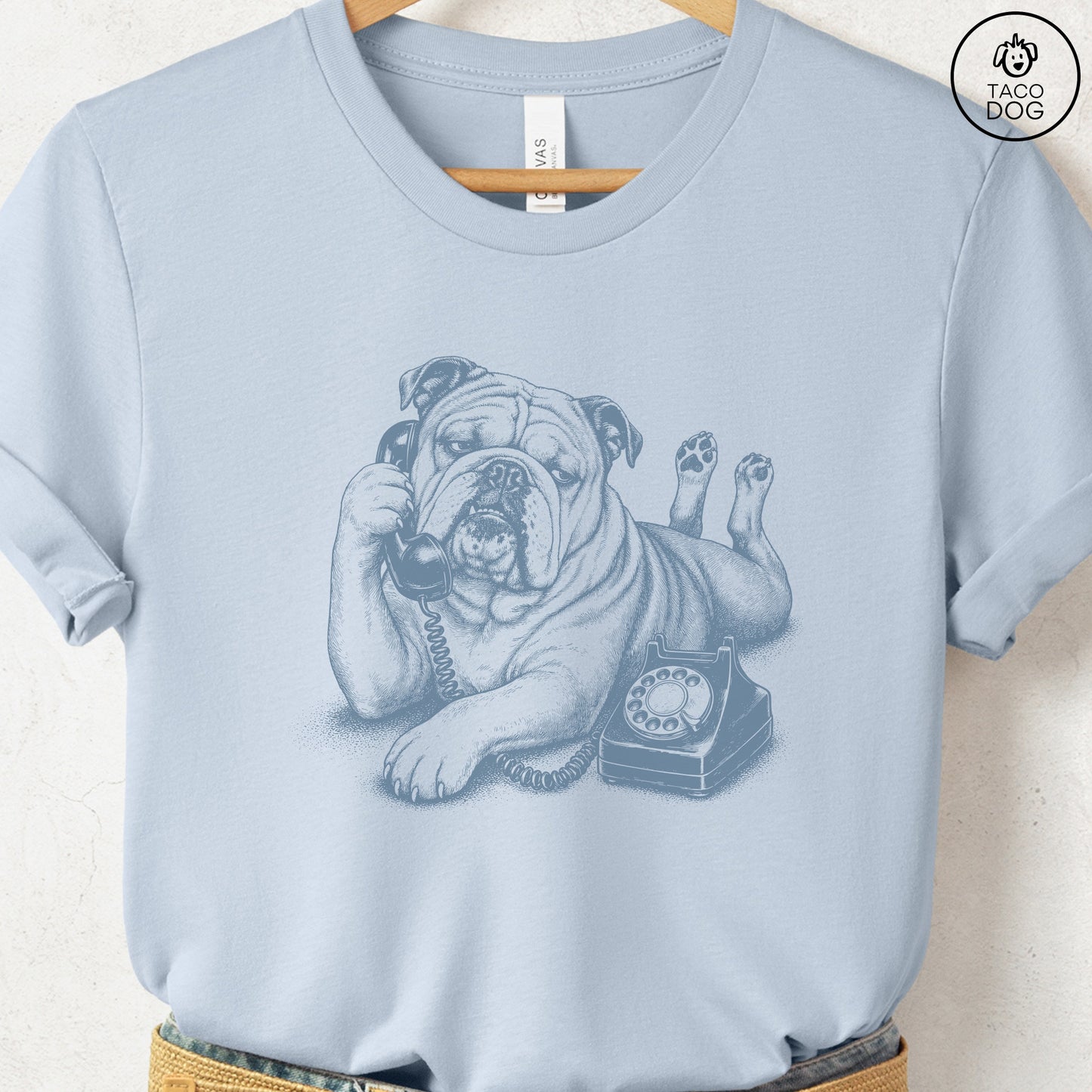English Bulldog Phone T-Shirt Light Blue Taco-Dog