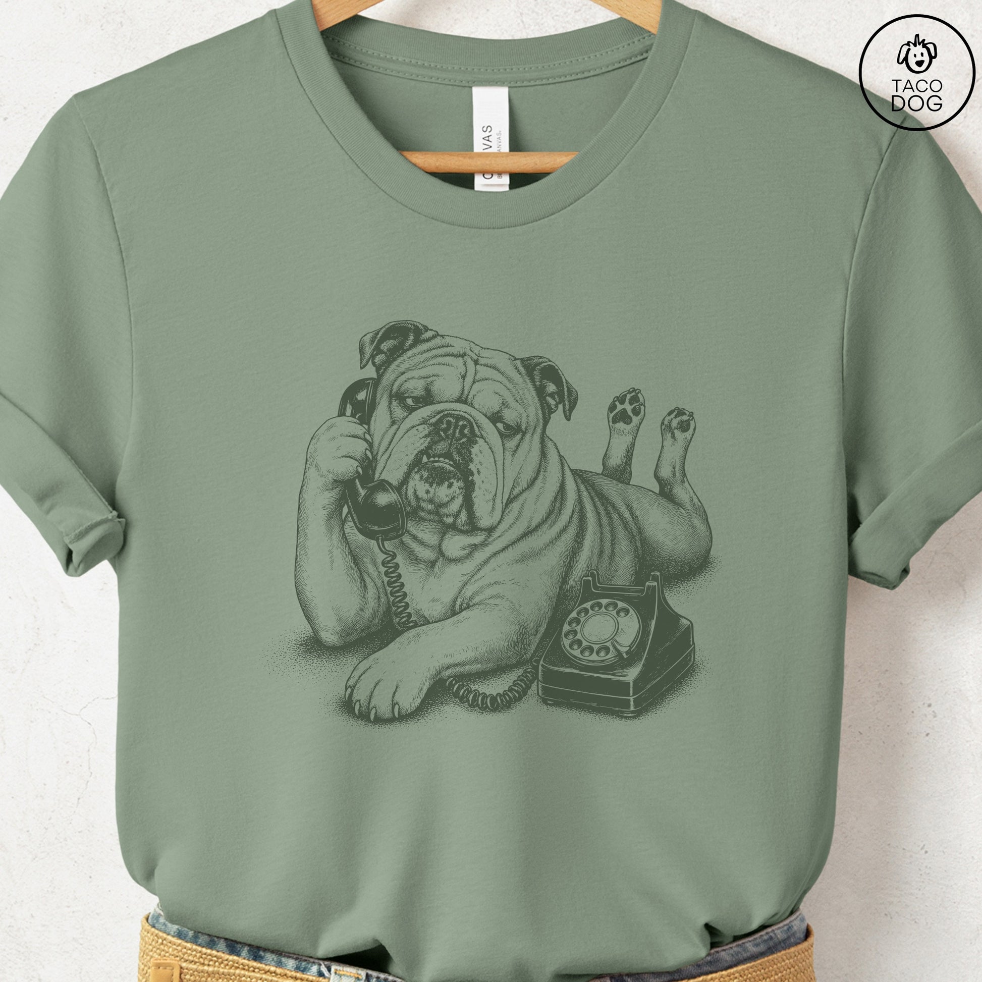 English Bulldog Phone T-Shirt Sage Taco-Dog
