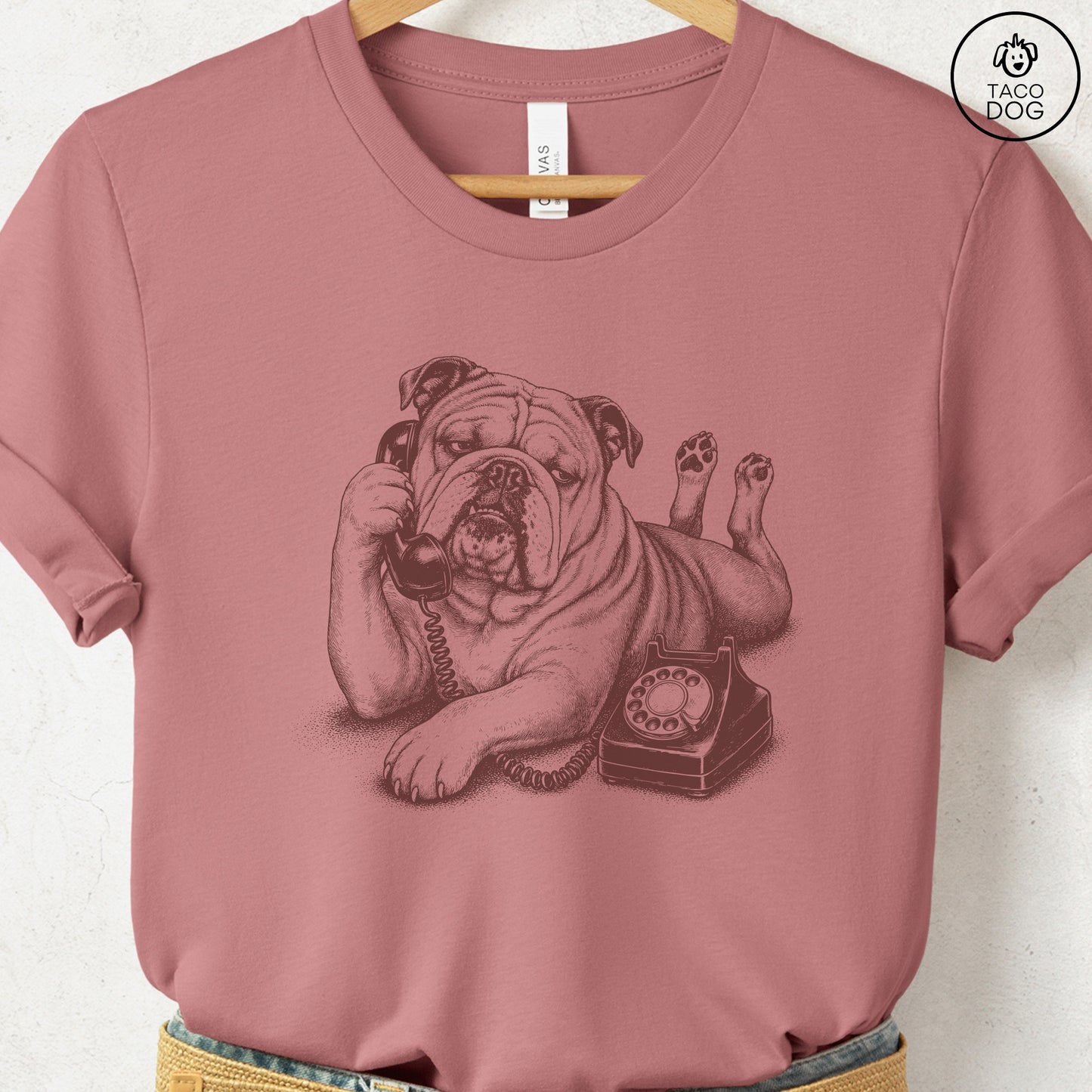 English Bulldog Phone T-Shirt Heather Mauve Taco-Dog