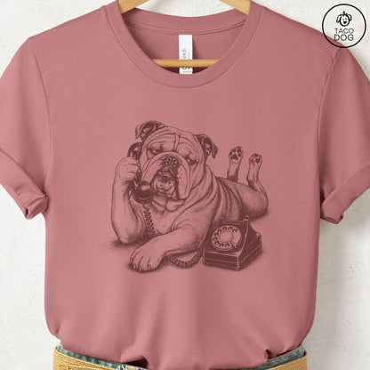 English Bulldog Phone T-Shirt Heather Mauve Taco-Dog
