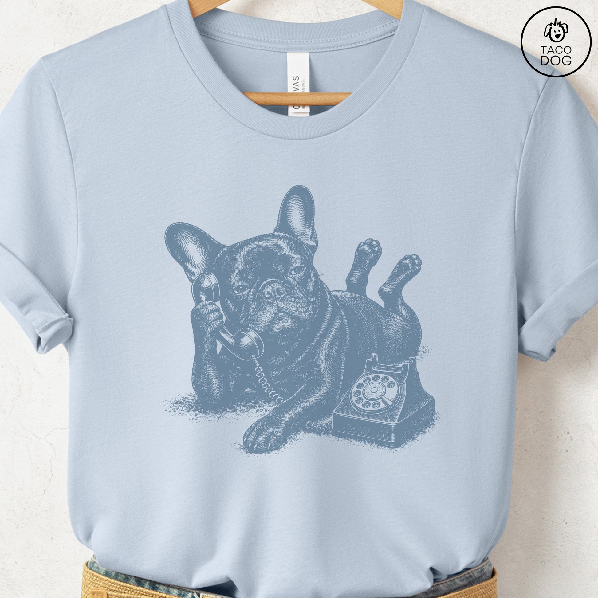 French Bulldog Frenchie Phone T-Shirt Light Blue Taco-Dog