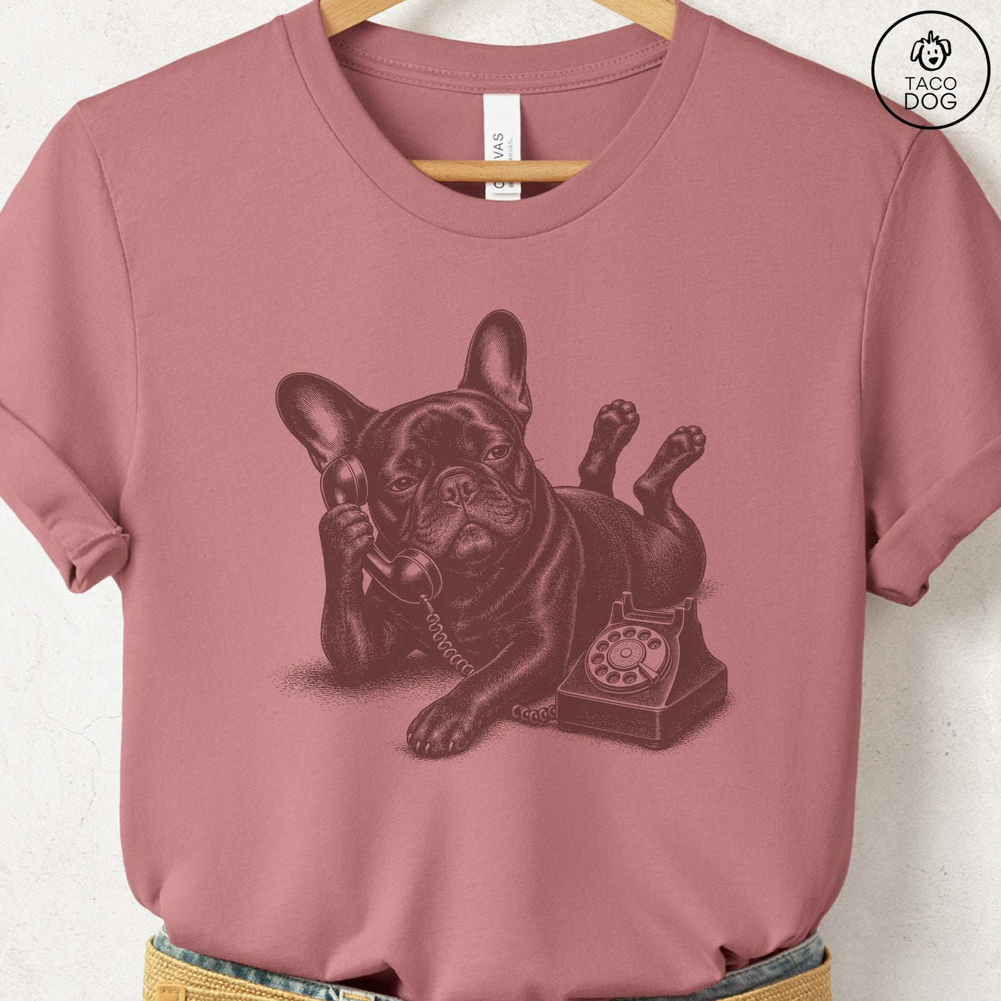 French Bulldog Frenchie Phone T-Shirt Heather Mauve Taco-Dog