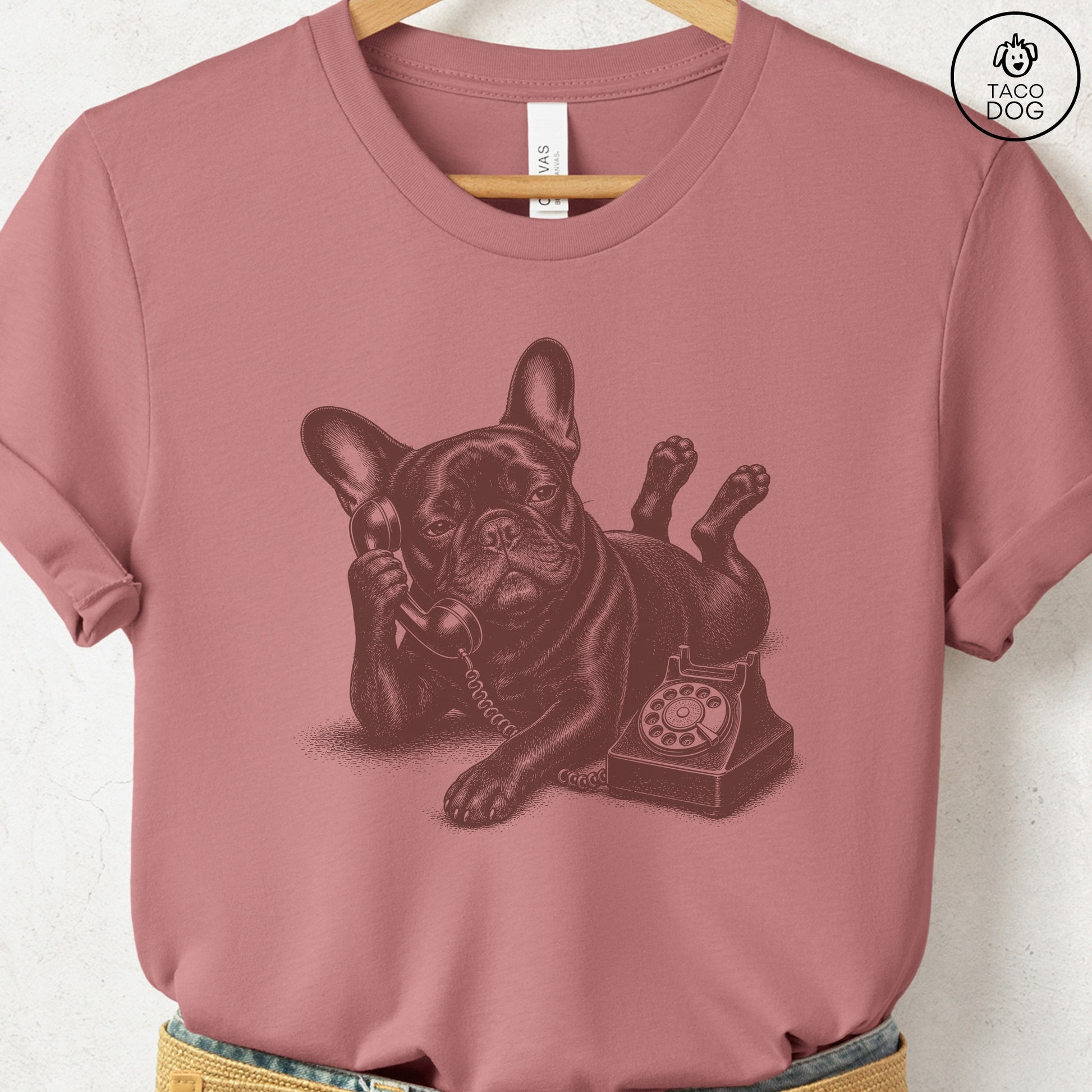 French Bulldog Frenchie Phone T-Shirt Heather Mauve Taco-Dog