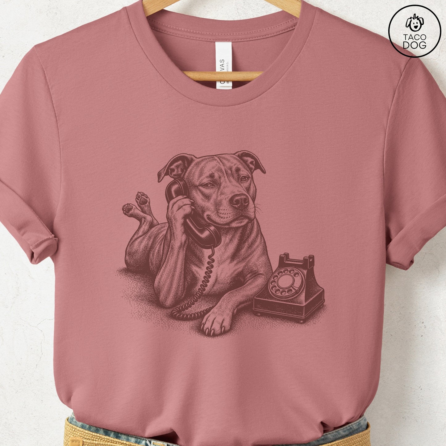 Pitbull Phone T-Shirt Heather Mauve Taco-Dog