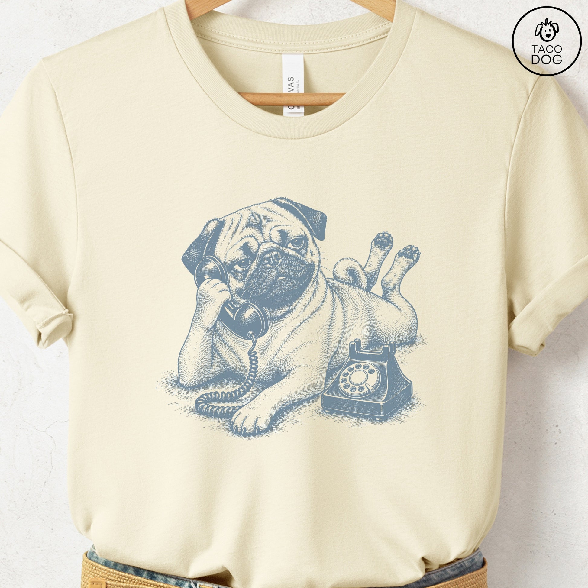 Pug Phone T-Shirt Natural Taco-Dog