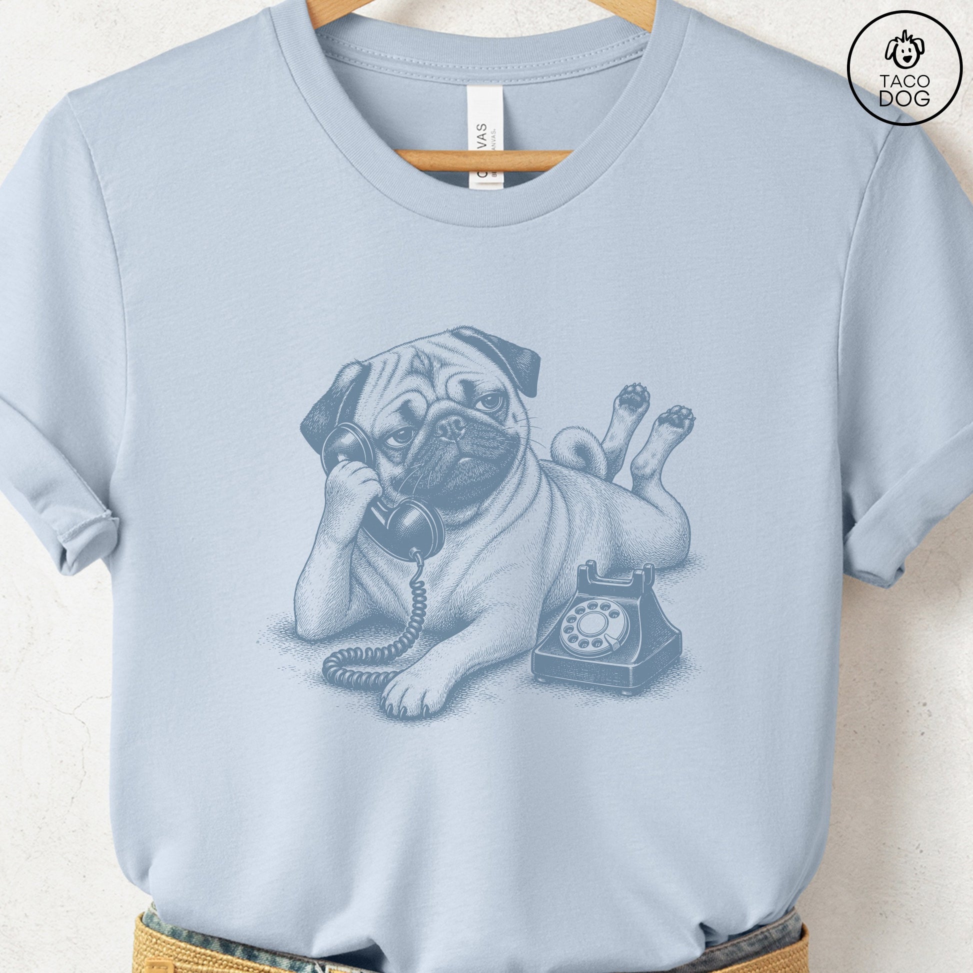 Pug Phone T-Shirt Light Blue Taco-Dog