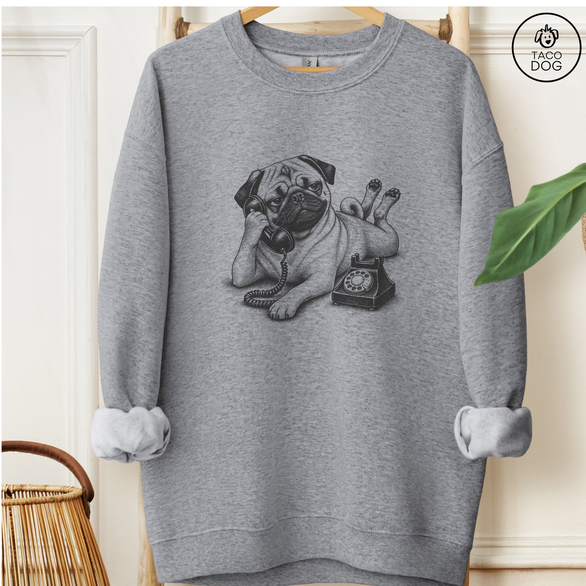 Pug Phone Sweatshirt Graphite Heather Taco-Dog
