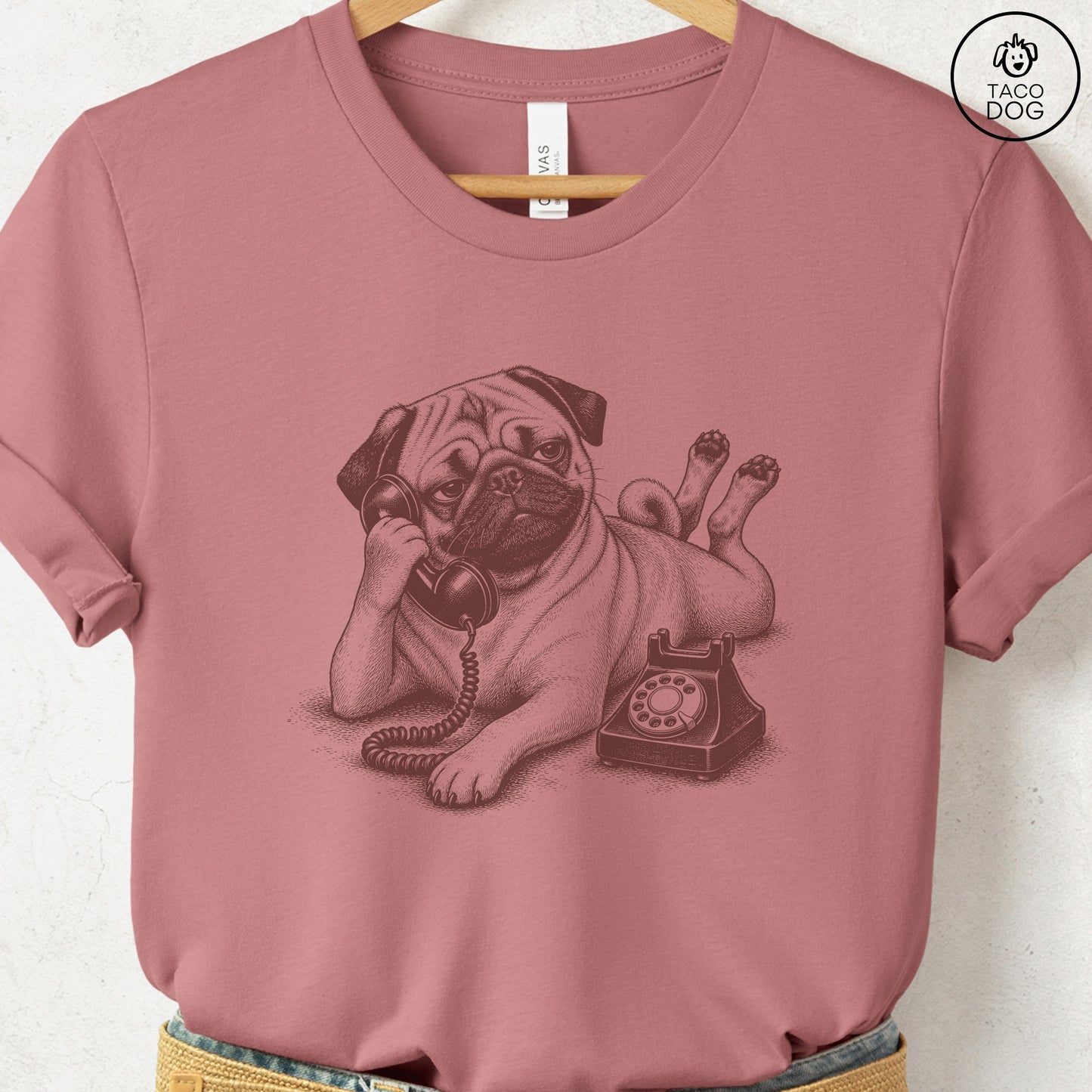 Pug Phone T-Shirt Heather Mauve Taco-Dog