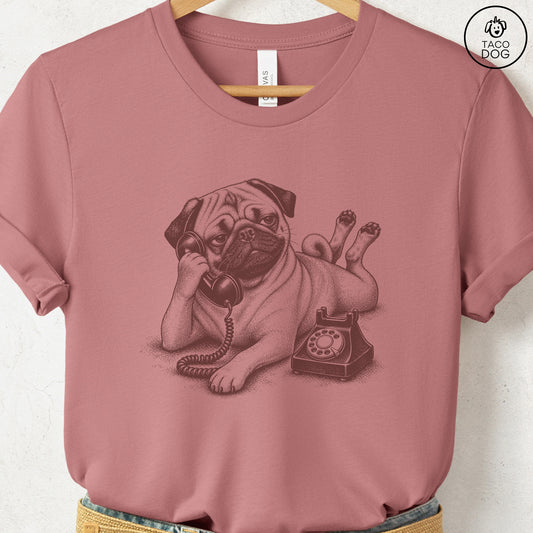 Pug Phone T-Shirt Heather Mauve Taco-Dog