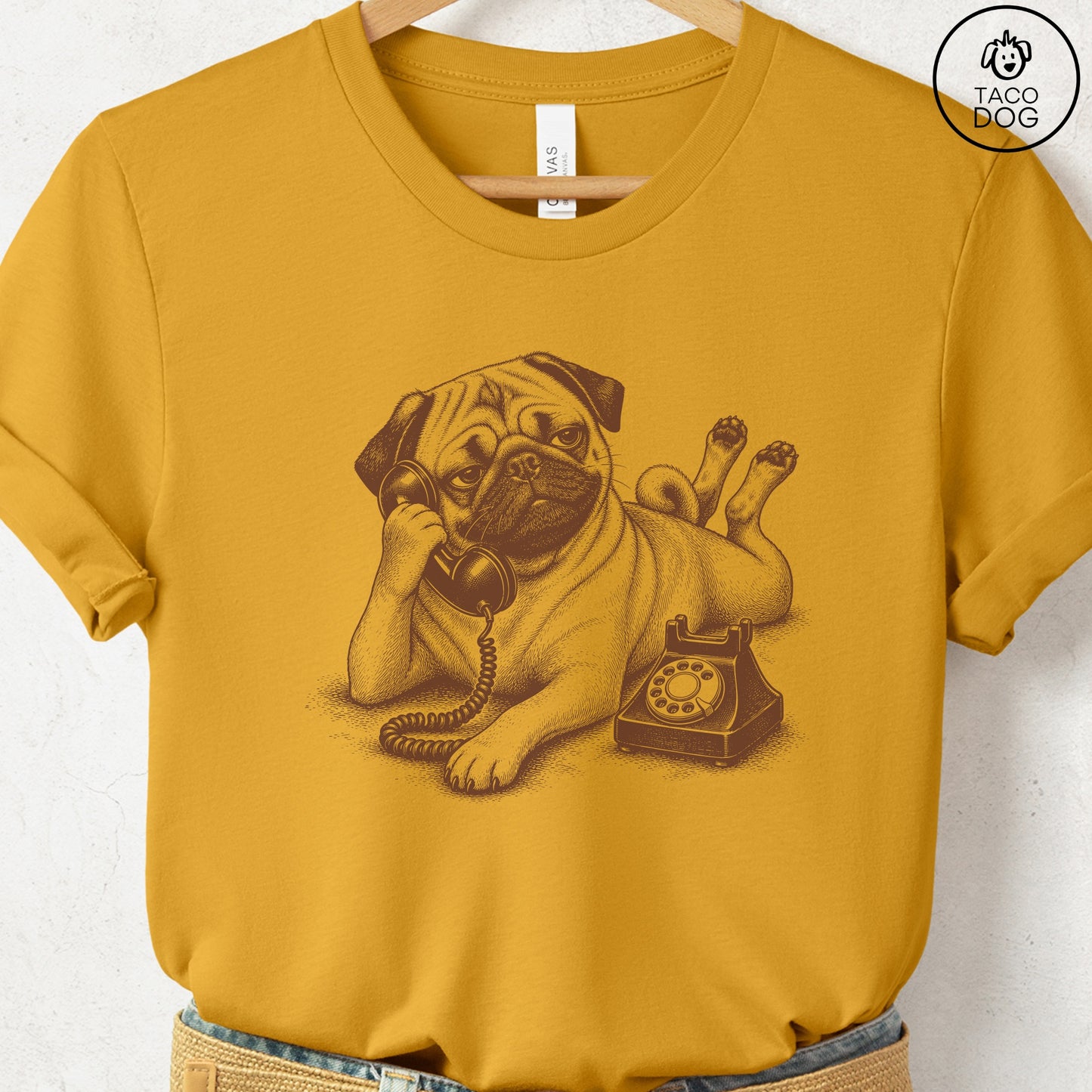 Pug Phone T-Shirt Mustard Taco-Dog