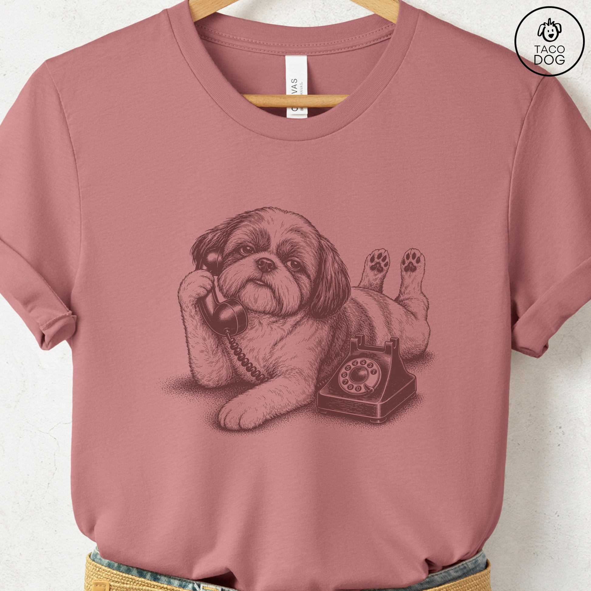 Shih Tzu Phone T-Shirt Heather Mauve Taco-Dog