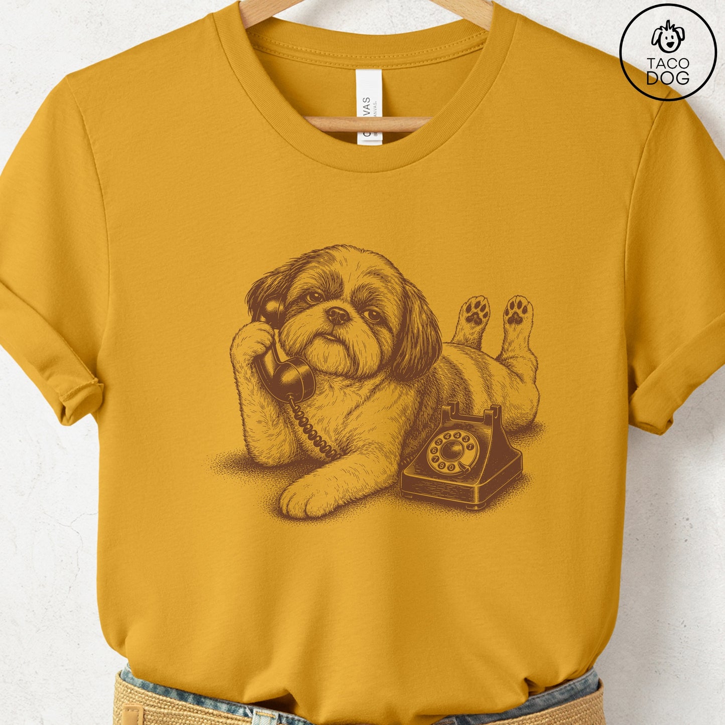 Shih Tzu Phone T-Shirt Mustard Taco-Dog