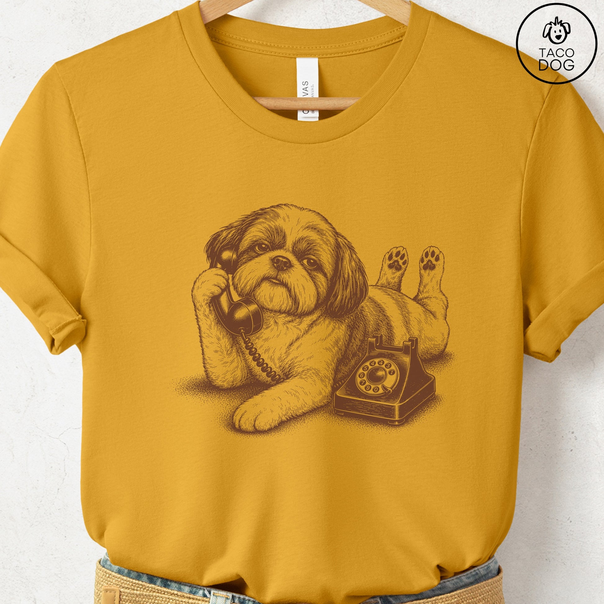 Shih Tzu Phone T-Shirt Mustard Taco-Dog