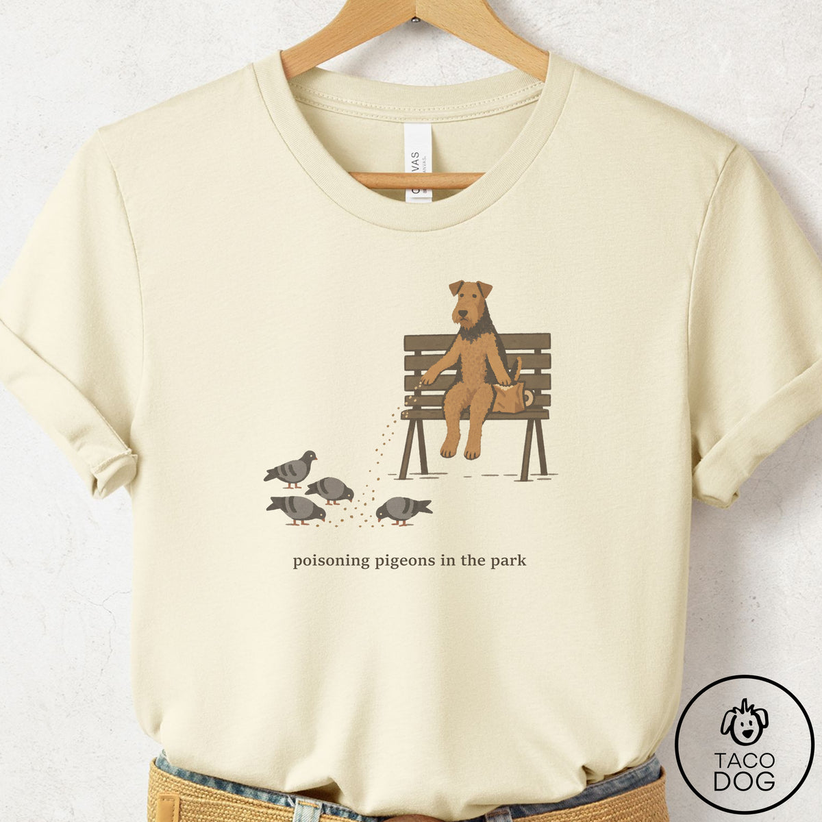 Airedale Pigeons in the Park T-Shirt Natural Taco-Dog