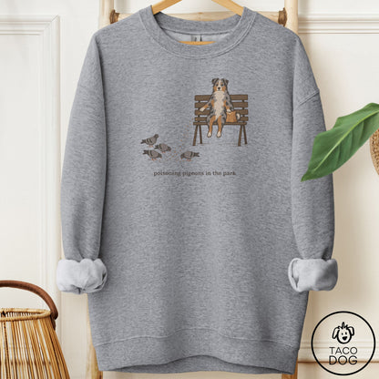 Australian Shepherd Pigeons in the Park Sweatshirt Graphite Heather Taco-Dog