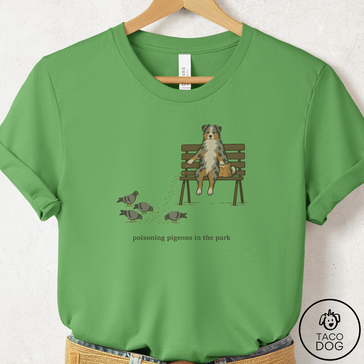 Australian Shepherd Pigeons in the Park T-Shirt Leaf Taco-Dog