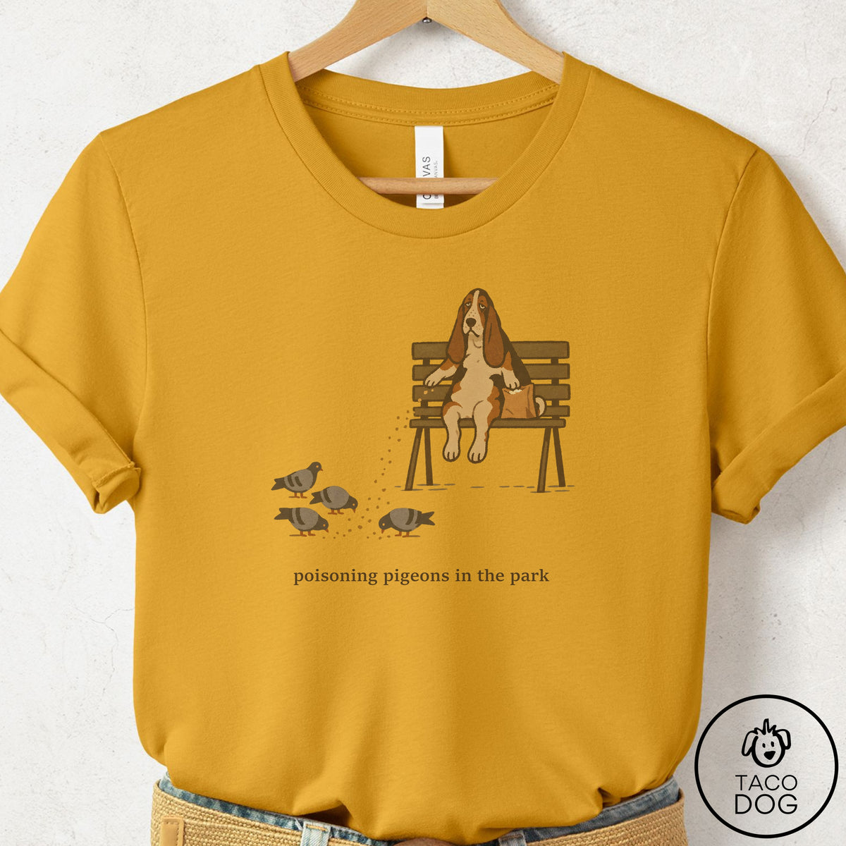 Basset Hound Pigeons in the Park T-Shirt Mustard Taco-Dog