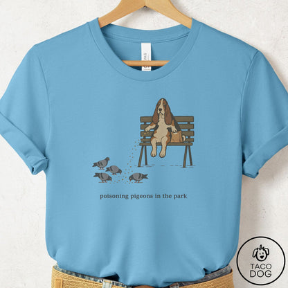 Basset Hound Pigeons in the Park T-Shirt Ocean Blue Taco-Dog