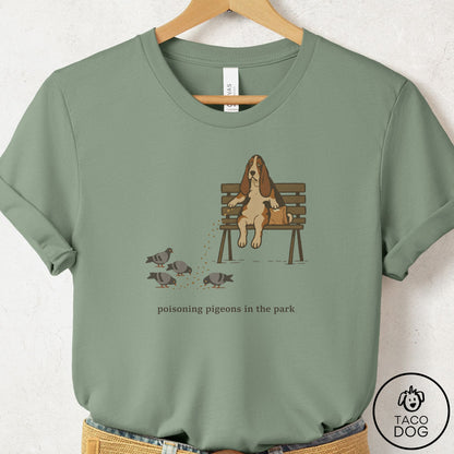 Basset Hound Pigeons in the Park T-Shirt Sage Taco-Dog