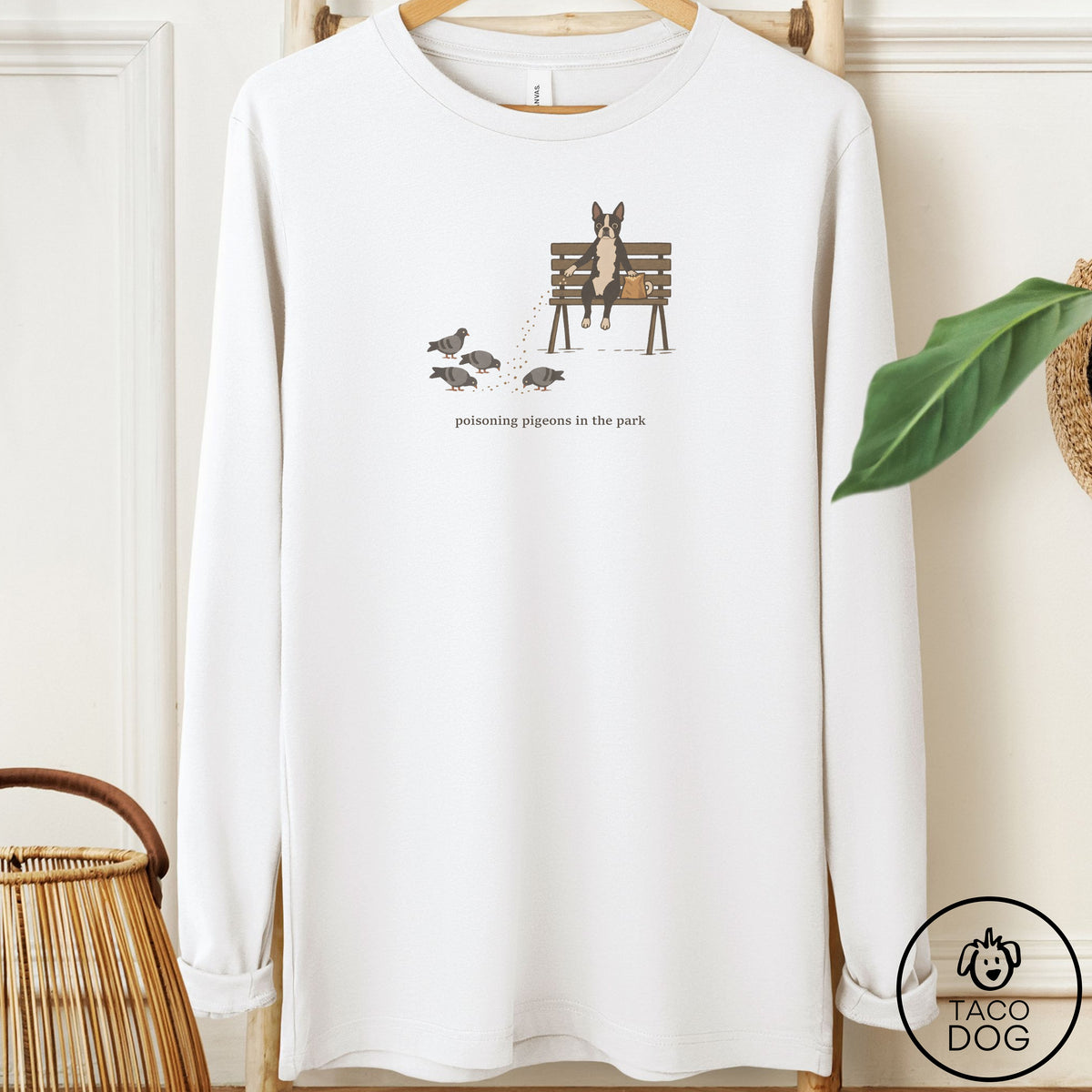 Boston Terrier Pigeons in the Park Long Sleeve Tee White Taco-Dog