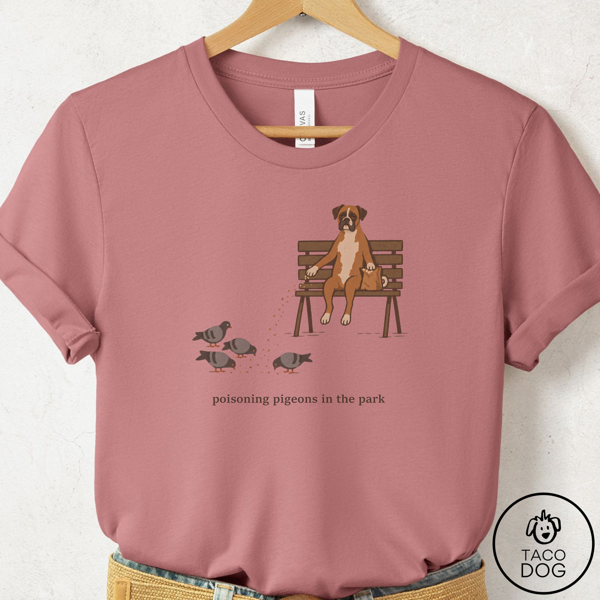 Boxer Pigeons in the Park T-Shirt Mauve Taco-Dog