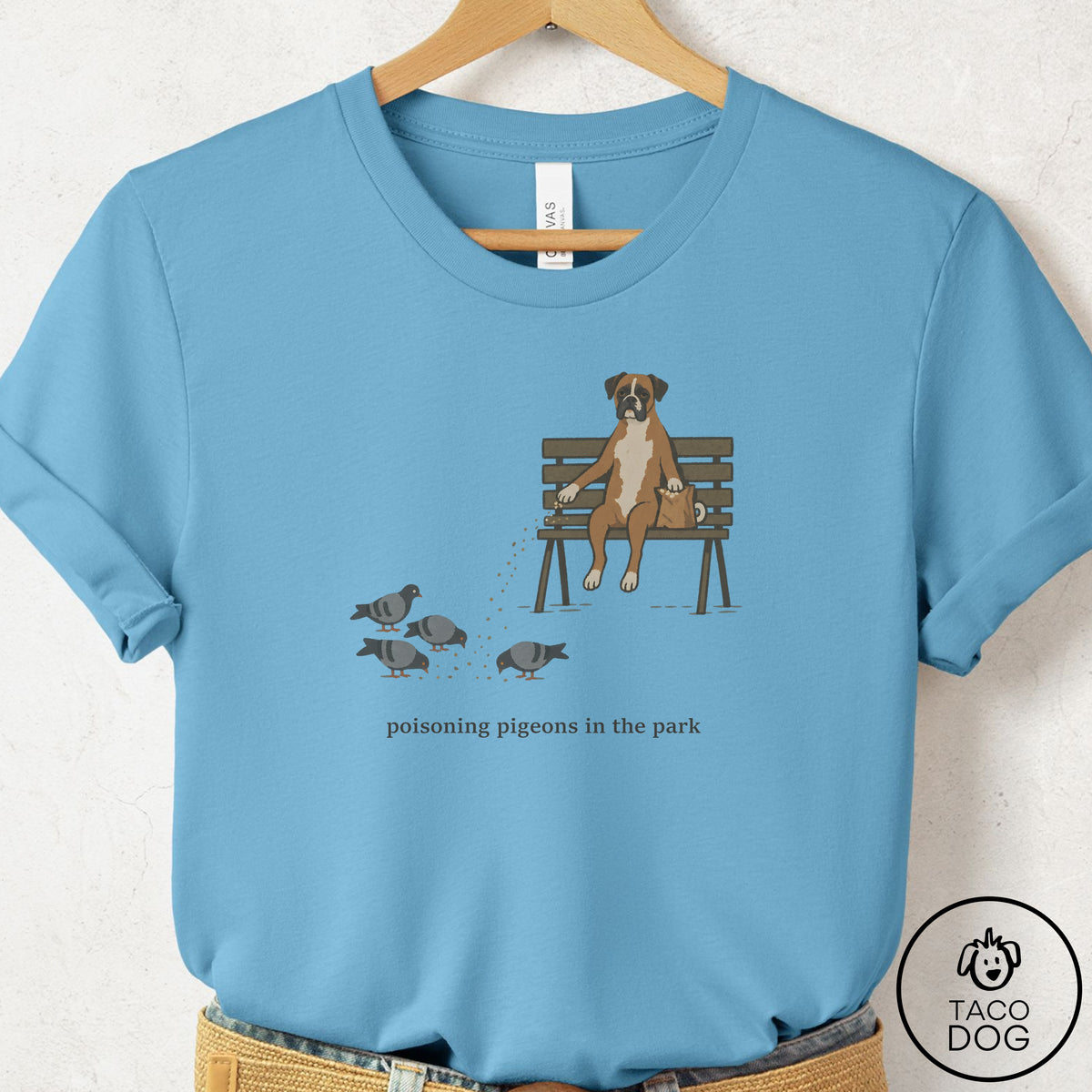 Boxer Pigeons in the Park T-Shirt Ocean Blue Taco-Dog