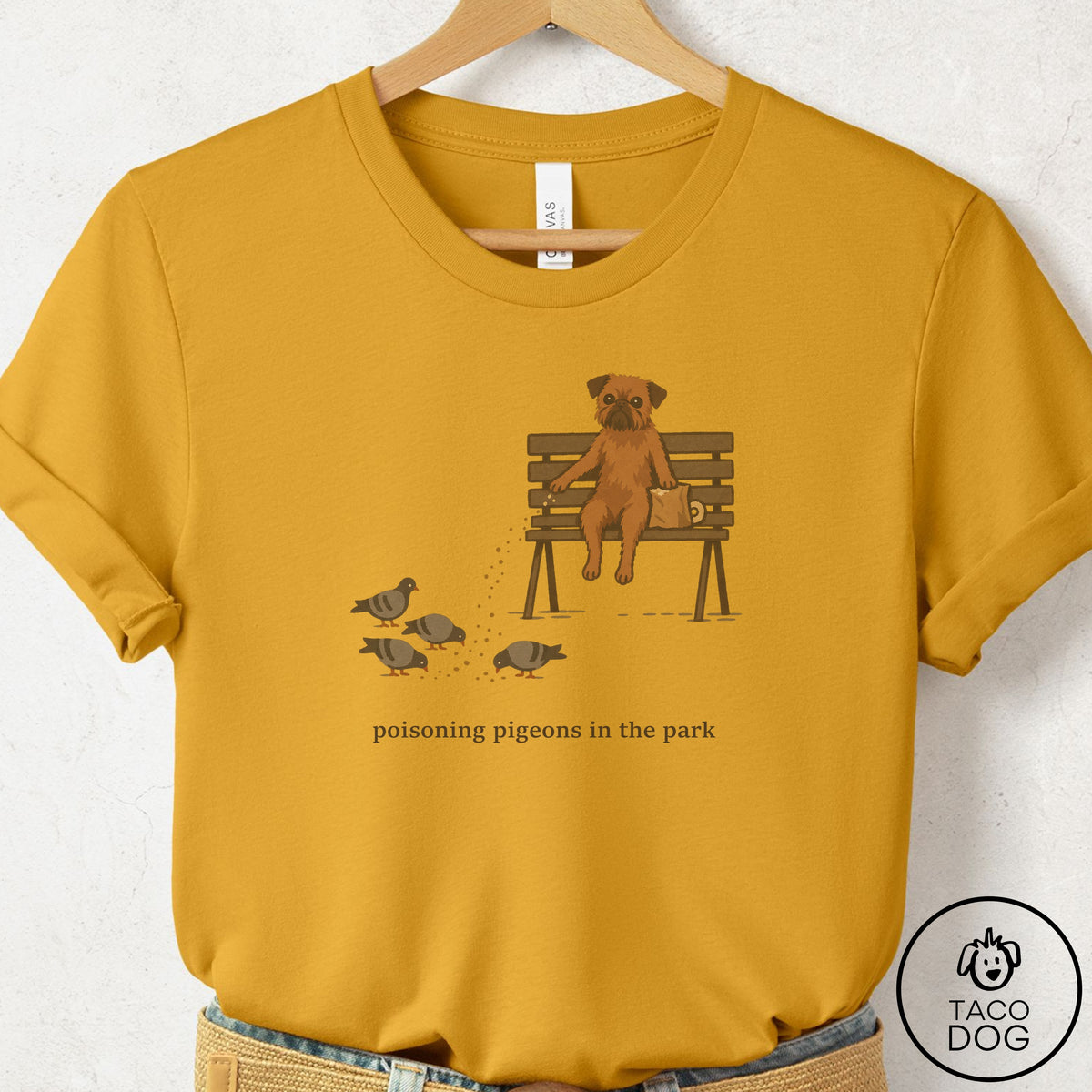 Brussels Griffon Pigeons in the Park T-Shirt Mustard Taco-Dog