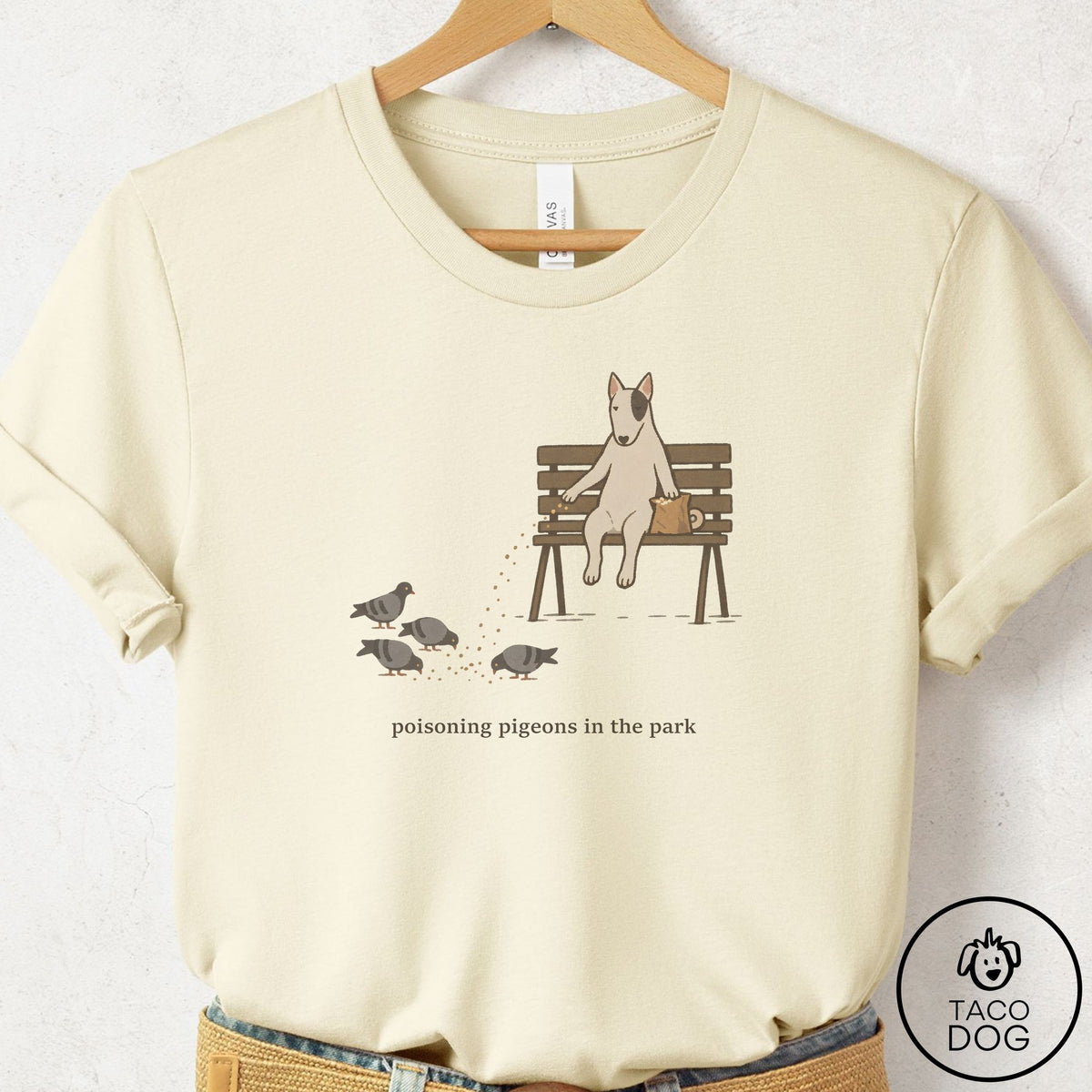Bull Terrier Pigeons in the Park T-Shirt Natural Taco-Dog