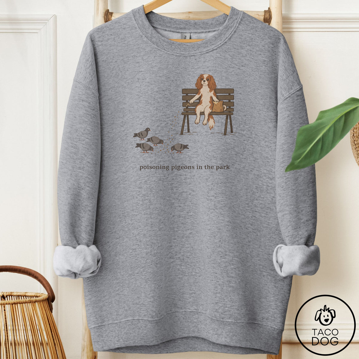 Cavalier King Charles Spaniel Pigeons in the Park Sweatshirt Graphite Heather Taco-Dog