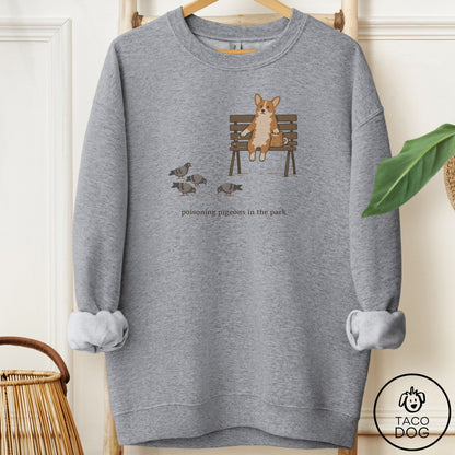 Corgi Pigeons in the Park Sweatshirt Graphite Heather Taco-Dog