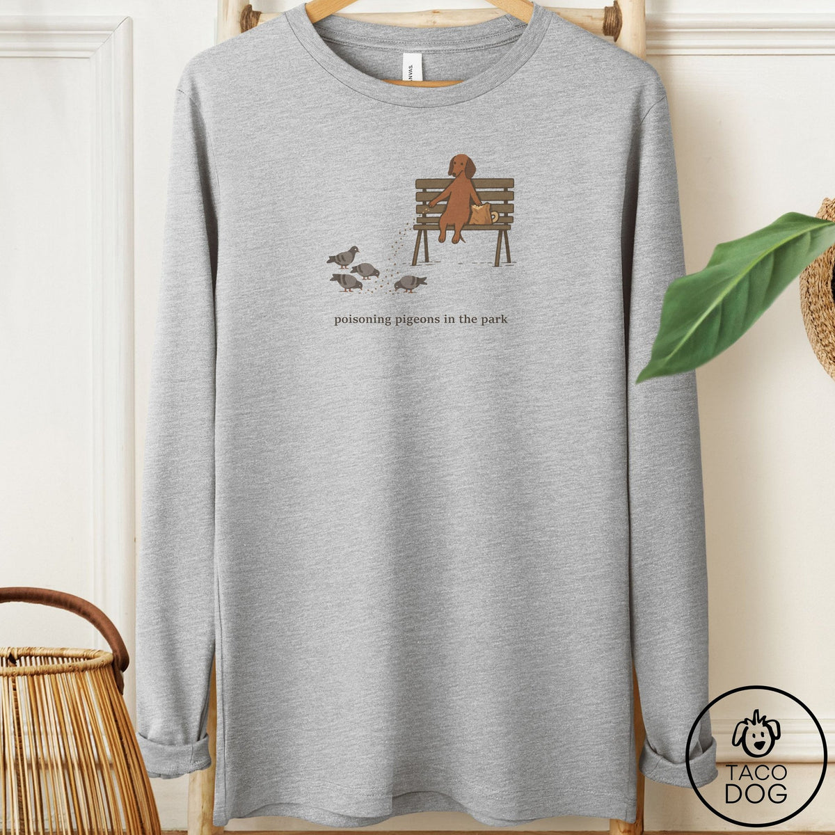 Dachshund Pigeons in the Park Long Sleeve Tee Athletic Heather Taco-Dog