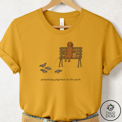 Dachshund Pigeons in the Park T-Shirt Mustard Taco-Dog