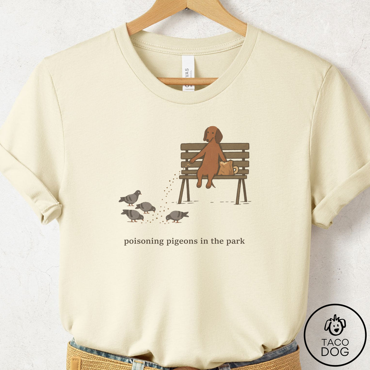 Dachshund Pigeons in the Park T-Shirt Natural Taco-Dog