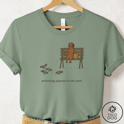 Dachshund Pigeons in the Park T-Shirt Sage Taco-Dog