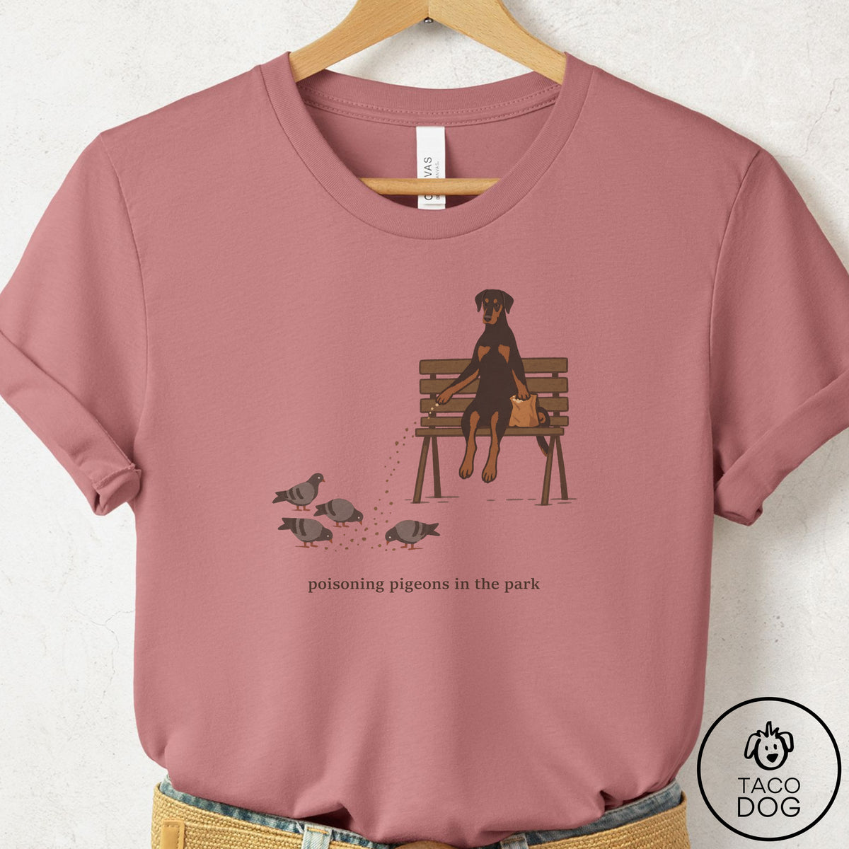 Doberman Pigeons in the Park T-Shirt Mauve Taco-Dog