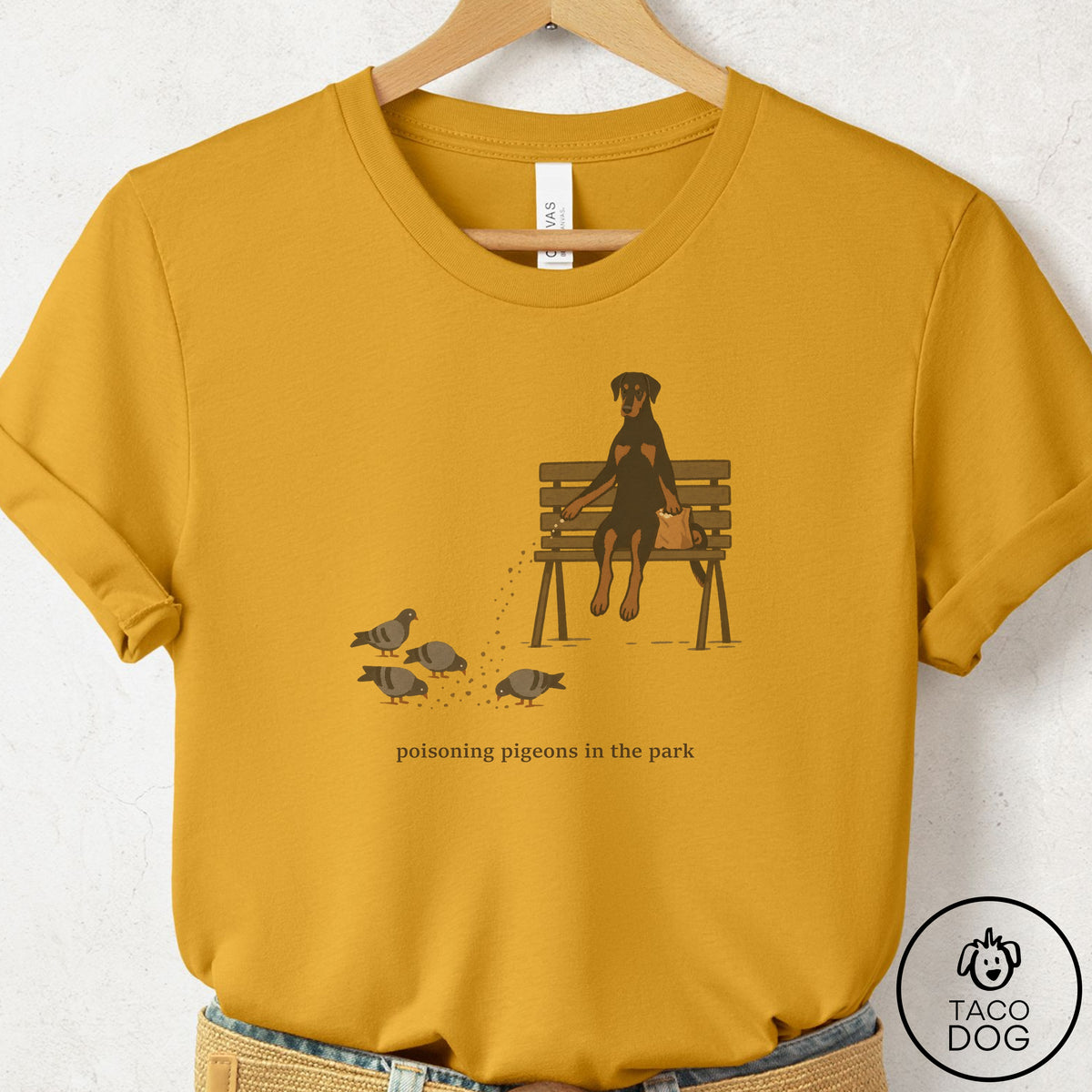 Doberman Pigeons in the Park T-Shirt Mustard Taco-Dog